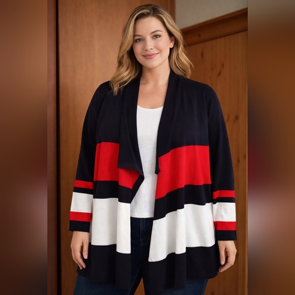 Avenue Sweaters - NWT Avenue Size 18/20 Colorblock Open Front Cardigan Black Red White